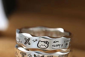 kitty猫帕恰狗情侣款涂鸦戒指小众设计可爱卡通极简波浪边食指环